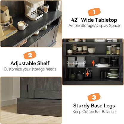 GarveeHome Coffee Bar Cabinet with LED Lights 72 in Tall Buffet Cabinet with Storage Farmhouse Kitchen Sideboard Tall Coffee Hutch with Microwave Stand/Wine Rack/Glass Shelf Dining Room (Black Oak)