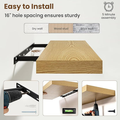 48 Inch Floating Shelves for Wall, 8 Inch Deep Floating Shelf for Storage & Display, Rustic Wall Mounted Shelf with Invisible Brackets for Living Room, Kitchen, Bathroom, Home Decor, Set of 2, Oak