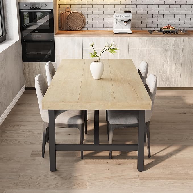 70” Large Dining Table for 6-8 People, Rustic Industrial Farmhouse Kitchen Table, Rectangle Wooden Dining Room Table with Heavy-Duty Metal Frame, Stable & Waterproof for Home, Kitchen, Dining Room