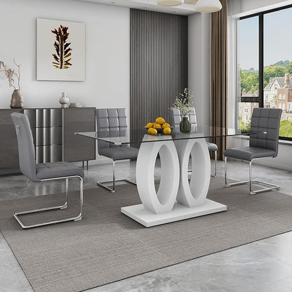 5-Piece Glass Dining Table Set, 63" White Kitchen Table with O-Shape MDF Base, Dining Room Set for 4 with 4 Leather Upholstered Chair for Kitchen, Dining Room (Gray,Silver)