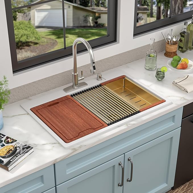 33 Granite Composite Kitchen Sink Double Bowl - Fulorni 33"x22" Granite Kitchen Sink White Ledge Workstation Drop in Topmount Double Bowl 50/50 Luxury Quartz Classic Above Counter Basin