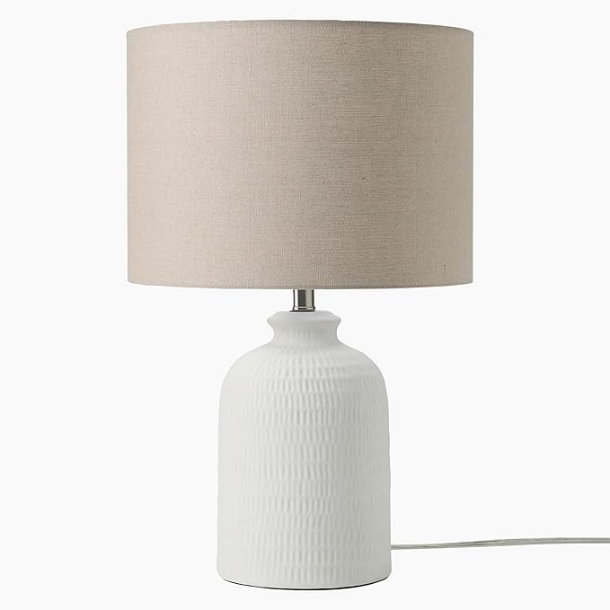 Nourison Home 24" White Textured Ceramic Modern Farmhouse Table Lamp with Beige Shade for Bedside Table, Living Room, Dining, Entryway