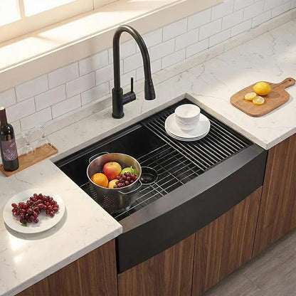 33 Black Farmhouse Sink, Undermount 33x20x9 Apron Front Farm Ktichen Sink Stainless Steel Single Bowl 16 Gauge with Accessories