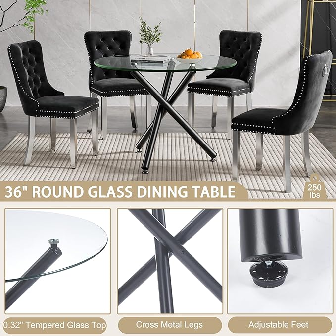 36" Round Glass Dining Table for 4, Modern Dining Room Table with Black Metal Cross Legs, Adjustable Foot Pads, Tempered Glass Top Kitchen Dinner Tables for Kitchen Dining Room Small Apartment