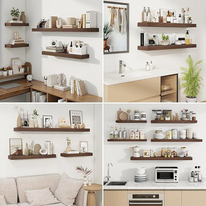 fuqing Floating Shelves for Wall, Wall Mounted Wood Floating Shelf with Invisible Brackets for Living Room, Bathroom, Bedroom, Kitchen Storage and Decor, 55 Inch Set of 2, Walnut
