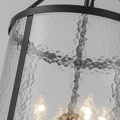 Lingkai Modern Black Chandelier, 4-Light Water Ripple Glass Light Fixture, Lantern Farmhouse Chandeliers for Dining Room, Living Room, Foyer
