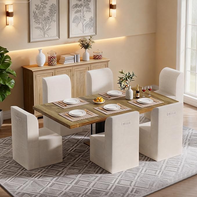 Modern Linen Upholstered Armless Dining Chair Set of 4, Comfortable Dining Room Chair Side Leisure Chairs with Mid Back for Dining Room Kitchen Bedroom Reading Room, No Assemble, Beige