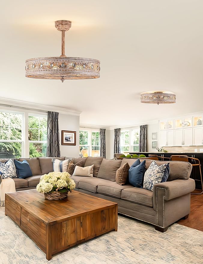 24 Inch Chandelier Ceiling Fan with Light,24" Rustic Farmhouse Caged Bladeless Fandelier,Enclosed Cottage Country Cabin Crystal Light Fixture,Hanging/Flush Mount for Bedroom,Dining Room,Living Room