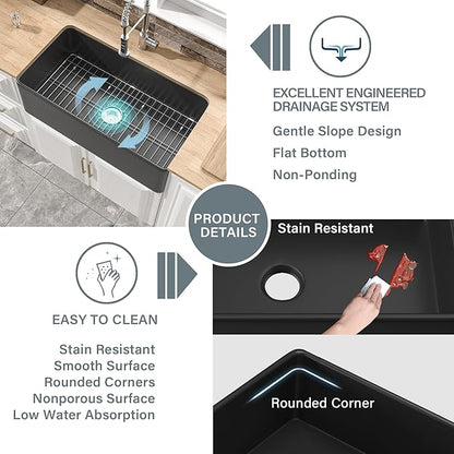 Black Farmhouse Sink 33 x 18 Inch, Single Bowl Firecaly Apron Front Undermount Farm Sink, with Accessories 2 Types, Matte Black, for Kitchen