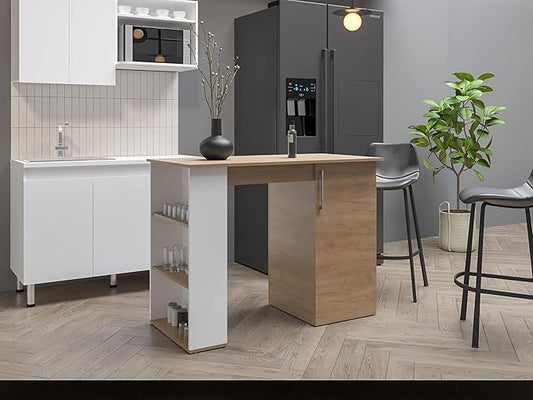 GOWE Allen 47" Wide Kitchen Island One Cabinet and Five Shelves, Bar Table, Dinning Table. Pub Table White- Natural Oak