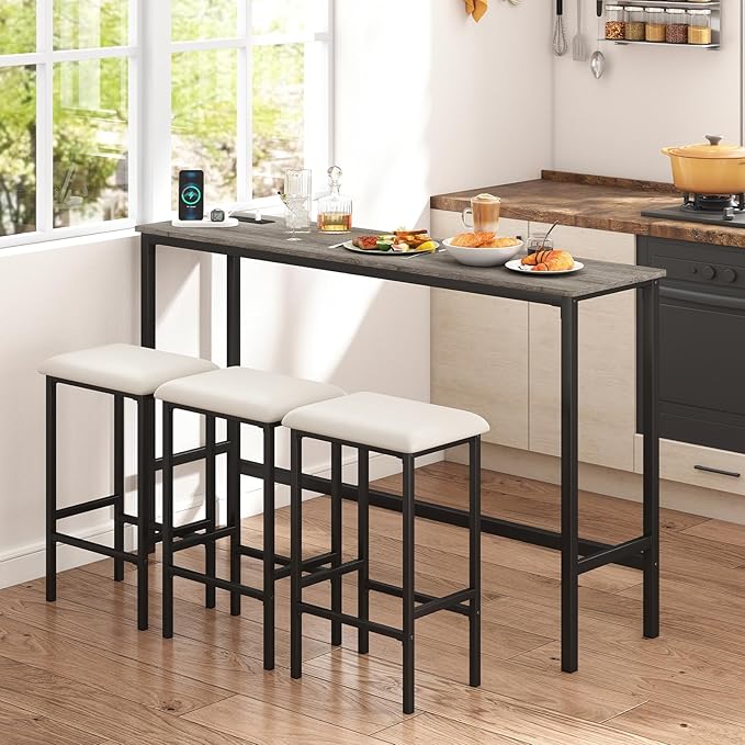 COSTWAY 4 Pieces Counter Height Bar Table Set with Power Outlet, 60" Farmhouse Modern Dining Table w/ 3 Padded Stools, Long Kitchen Island Table and Upholstered Chairs for Breakfast Nook, Small Spaces