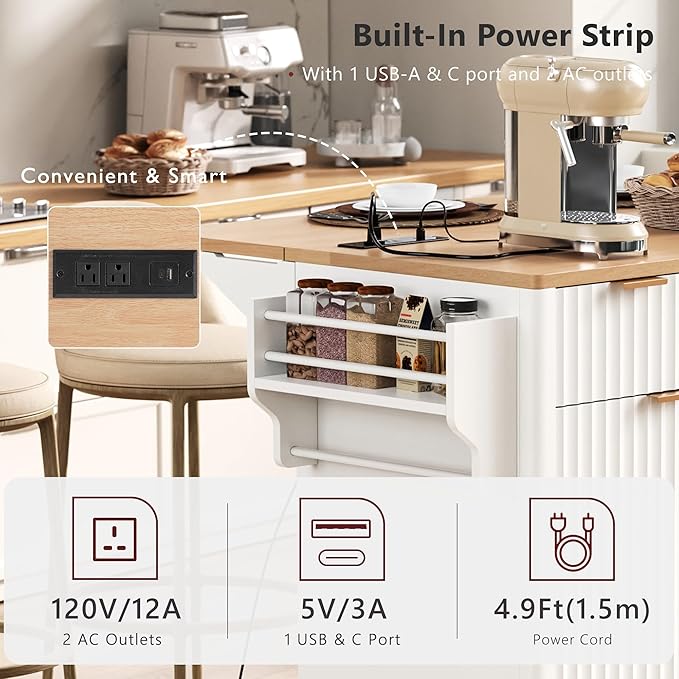 55.5" Fluted Kitchen Island with Power Outlet and Drop Leaf, Narrow Kitchen Island with Storage Srawers and 4 Doors, Rolling Island Table with Wood-grain Top, Curved Edge for Dining Room White