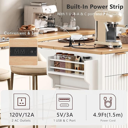 55.5" Fluted Kitchen Island with Power Outlet and Drop Leaf, Narrow Kitchen Island with Storage Srawers and 4 Doors, Rolling Island Table with Wood-grain Top, Curved Edge for Dining Room White