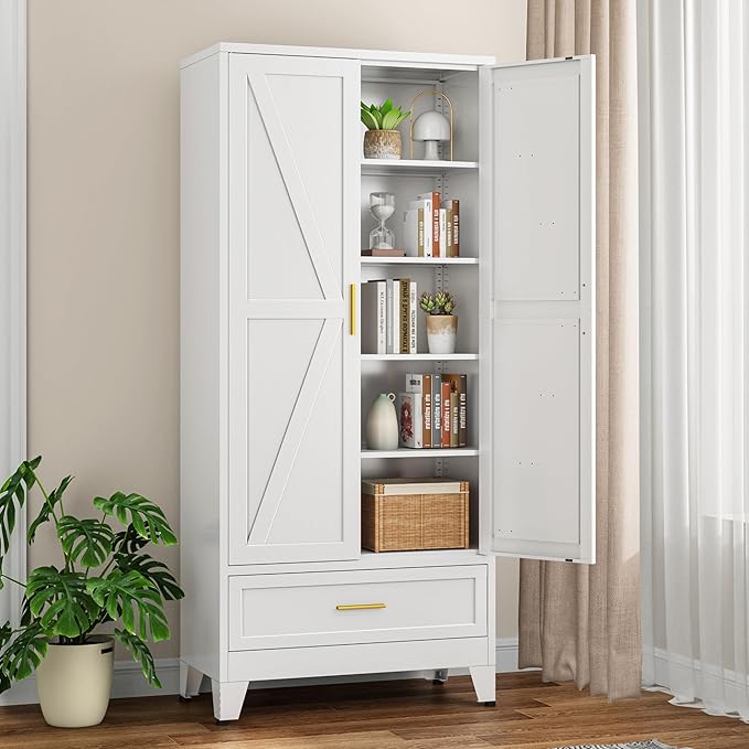 Bevivog Farmhouse Metal Storage Cabinet with 4 Shelves, 71" Tall Shelf Cabinets with 2 Barn Doors & Drawer, 31.5" Wide Storage Cabinet with Doors for Office/Pantry/Bathroom