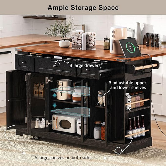GOWE K&K 53'' Farmhouse Kitchen Island with Two Tempered Glass Cabinet Doors, Power Outlet, Rolling Kitchen Cart on Wheels with Drop Leaf, 5 Open Side Racks, 3 Drawers, for Kitchen, Dining Room, Black