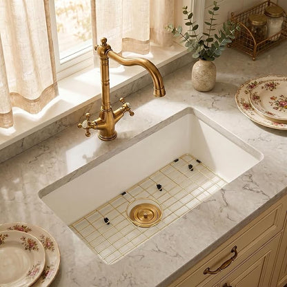 MILOSEN White Undermount Kitchen Sink, 30"x18" Granite Composite Single Bowl Kitchen Sinks, 9" Deep Large Undermount/Drop In Sink with Gold Accessories, White Quartz Kitchen Sinks for Modern Kitchen