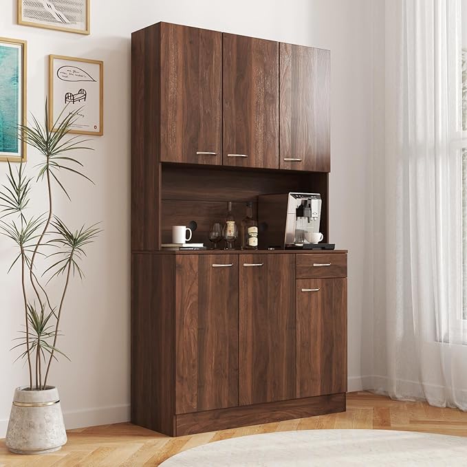 71" Kitchen Pantry Cabinets with Microwave Stand, 6 Doors & 3 Adjustable Shelves, Freestanding China Cabinet Hutch, Buffet Cabinet with Storage, WalnutV2
