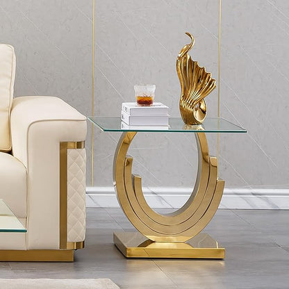 HomVent 22.83" Glass End Table, Living Room Tables, Modern Gold Tempered Glass Top Side Tables Bedroom, Square Small Bed Bedside Eating Table Nightstand for Home Office with Stainless Steel Base
