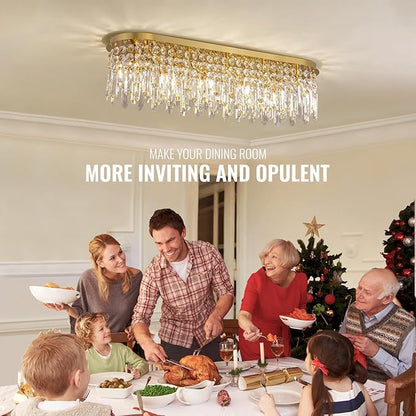 Siljoy Modern Crystal Chandelier 10 Lights Gold Rectangular Flush Mount Raindrop Crystal Chandelier Ceiling Light Fixture Oval for Dining Room Living Room Kitchen Island L40 Inch