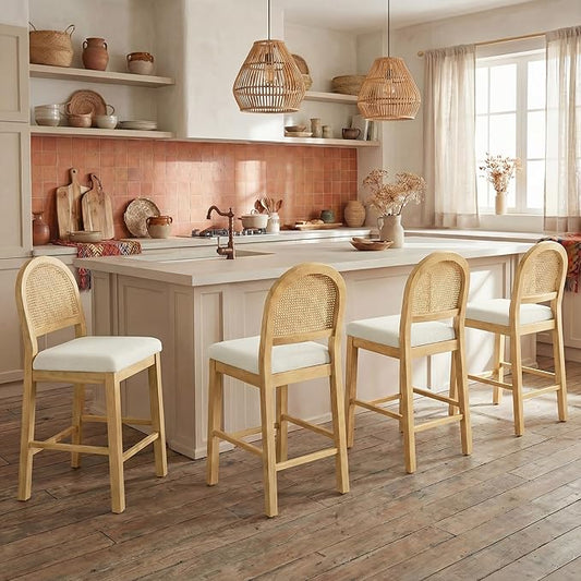 Rattan Counter Height Bar Stools Set of 4, Upholstered Farmhouse Barstools with Natural Rattan Back, Wooden Legs for Kitchen Island, Natural/Linen,2 Box