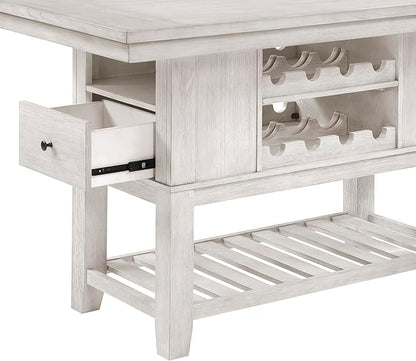 Lexicon 60" Farmhouse Counter Height Dining Table for 6, Solid Wood Frame Acacia Veneer Rectangular Dining Table with Wine Storage, Drawers, and Open Shelves, Brushed Antique White