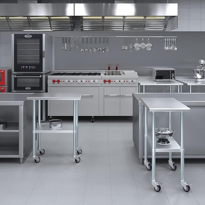 Stainless Steel Work Table with Wheels | NSF Kitchen Island Food Prep | Laundry Garage Utility Bench (Table + Wheels, 18" Long x 30" Deep)