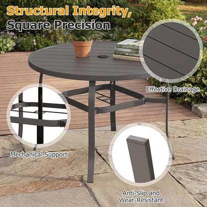 EROMMY 5-Piece Outdoor Patio Dining Set, 4 Swivel Chairs with Removable Cushions & Round Metal Table with Umbrella Hole, All-Weather Furniture for Backyard, Garden and Deck