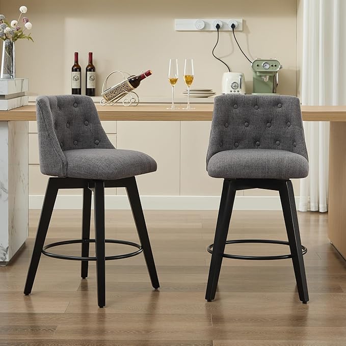 25" Swivel Bar Stools Set of 2-Modern Counter Height Chairs with Linen Upholstery&Button Tufted Back, Solid Wood Frame Barstools for Kitchen Island