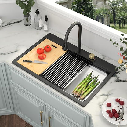Kichae 33 Kitchen Sink Drop In Waterfall - 33"x22" Black Granite Quartz Composite Smart Single Bowl Waterfall Workstation with Pull Down Faucet Combo