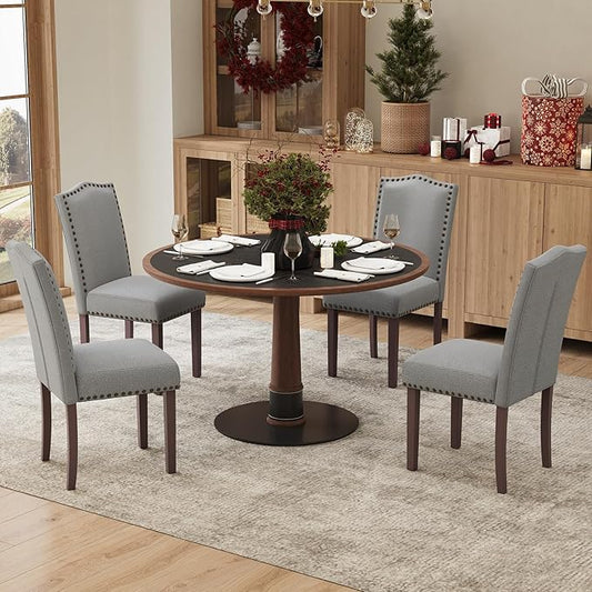 MALOL Dining Chairs Set of 4, Soft Comfortable Upholstered Parsons Dining Chairs with High-Density Cushion & Solid Wood Legs, Elegant Nailhead Trim for Dining Room, Kitchen, Living Room – Grey