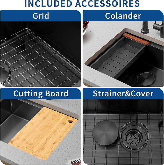 27 Inch Black Undermount Kitchen Sink,16 Gauge Stainless Steel Kitchen Sink Single Bowl, 27"x19"x9" Undermount Sink Ledge Workstation Sinks With All Accessories, Multi-Functional Sinks