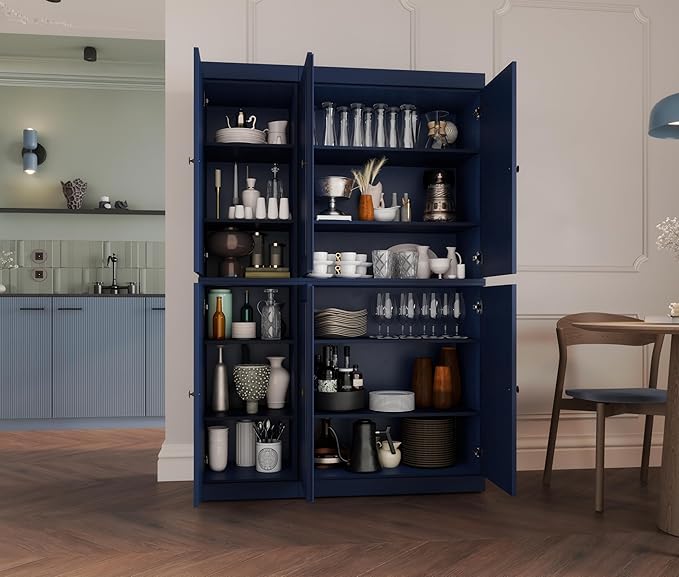 Palace Imports Solid Wood Kitchen Pantry Cabinet - 71.5" Tall, 48.5" Wide - Freestanding Storage Cupboard with Adjustable Shelves - Navy Blue, Renewable Eco-Friendly 100% Wood, Made in Brazil