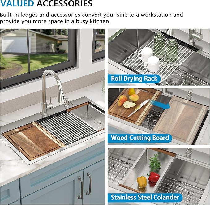 33 Kitchen Sink Drop In - Fulorni 33"x19" Ledge Workstation Top Mount 16 Gauge 304 Stainless Steel Over Mount Single Bowl Sink Basin with Faucet, Soap Dispenser