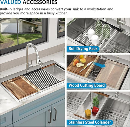 33 Kitchen Sink Drop In - Fulorni 33"x19" Ledge Workstation Top Mount 16 Gauge 304 Stainless Steel Over Mount Single Bowl Sink Basin with Faucet, Soap Dispenser
