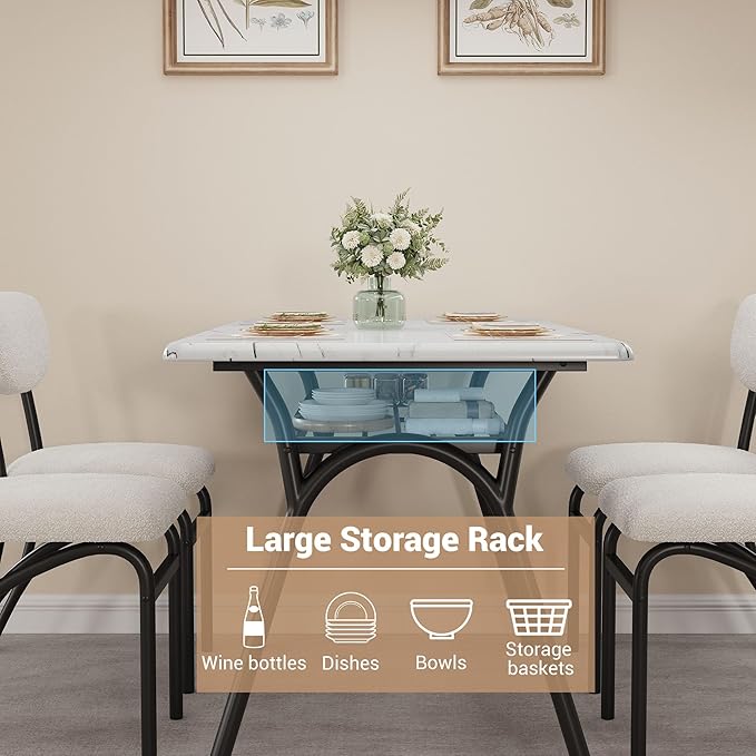 GarveeHome 5-Piece Dining Table Set for 4, Modern Kitchen Table with 4 Boucle Chairs, Rectangular Dining Table with Storage Shelf & Marble Tabletop, Beige Home Dining Furniture for Small Space