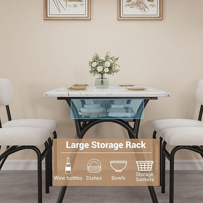 GarveeHome 5-Piece Dining Table Set for 4, Modern Kitchen Table with 4 Boucle Chairs, Rectangular Dining Table with Storage Shelf & Marble Tabletop, Beige Home Dining Furniture for Small Space