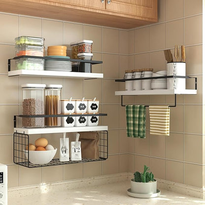 White Wood Floating Shelves Wall Mounted - 3+1 Tier Rustic Bathroom Wall Shelves Over Toilet with Wire Storage Basket & Towel Bar, set of 3 Farmhouse Floating Shelf for Bathroom,Kitchen,Bedroom