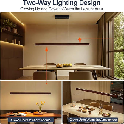71" Wood Linear Pendant Light, Modern Pendant Lights Kitchen Island with Remote, 24W LED Wood Linear Hanging Chandelier for Dining Room, Kitchen Island, Bar, Pool Table-Walnut