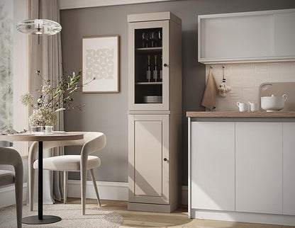 Palace Imports Solid Wood Kitchen Pantry - Narrow Storage Cabinet - 16.5" Wide x 71.5" Tall - 1 Raised Panel & 1 Glass Door, Beige, Adjustable Shelves, 100% Eco-Friendly Wood, Modular Cabinets
