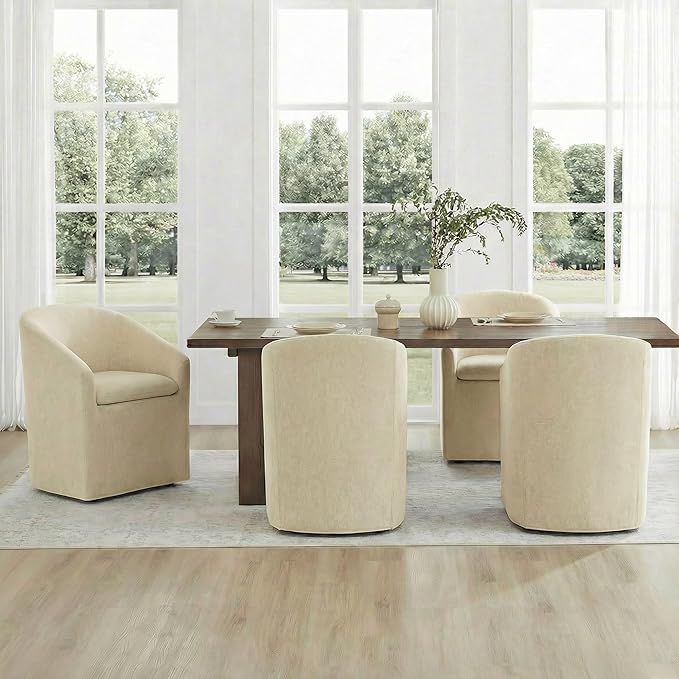 KISLOT Upholstered Dining Chairs Set of 4 with Casters, Modern Side Barrel Armchair with Washable Slipcover & Sturdy Metal Frame for Diningroom Bedroom Livingroom Reading Room, Sand Fabric