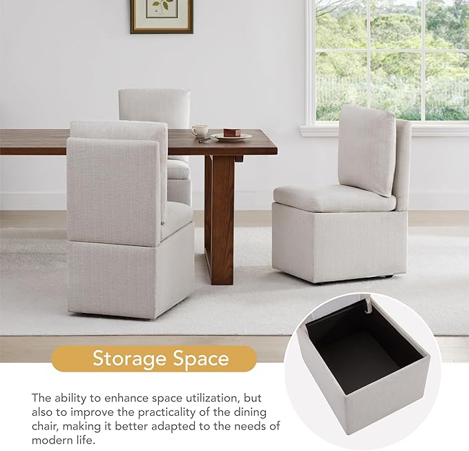 KISLOT Upholstered Dining Chairs with Casters, Modern Dining Room Chairs Set of 2 with Hidden Storage & 4 Wheels, Single Sofa Chair for Kitchen, Reading Room, Waiting Room, Warm Grey