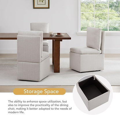 KISLOT Upholstered Dining Chairs with Casters, Modern Dining Room Chairs Set of 2 with Hidden Storage & 4 Wheels, Single Sofa Chair for Kitchen, Reading Room, Waiting Room, Linen