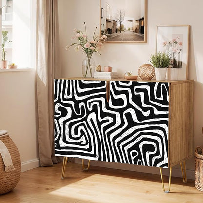 SIGNWIN Sideboard Buffet Cabinet, Kitchen Storage Cabinet with 2 Doors, Black & White Mid-Century Patterns, Cupboard Console Table for Dining Room - 35" L x 18" W x 29" H