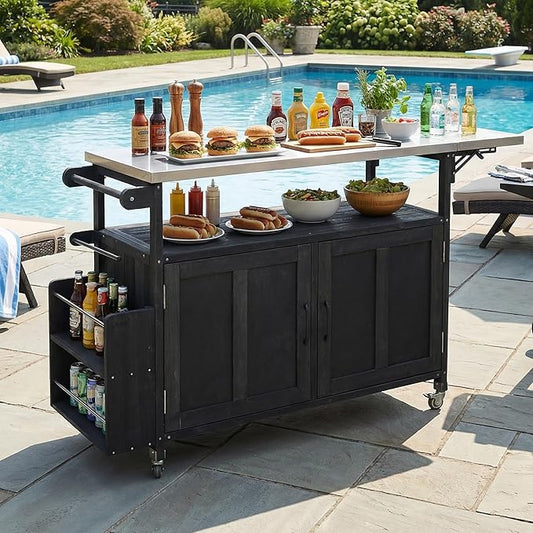 JIJIWANG 60.6" Mobile Kitchen Storage Island with Storage Cabinet and Towel Rack, Foldable Outdoor Kitchen Island with Stainless Steel Top and Lockable Wheels for Patio and Outdoor Black