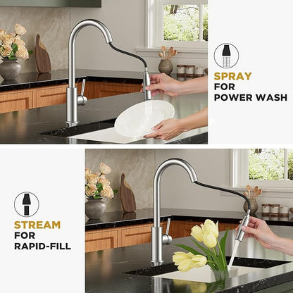 FORIOUS Brushed Nickel Kitchen Faucet with Pull Down Sprayer, Stainless Steel High Arc Gooseneck Modern Sink Faucet with CUPC Ceramic Cartridge, Single Handle and Deck Plate