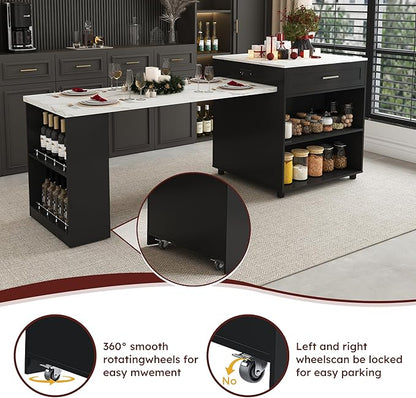 KEIKI 80" Expandable Kitchen Island with Dining Table, Solid Wood Countertop with Power Outlet & USB, Mobile Kitchen Cart with Storage Cabinet, Drawers & Wheels, Multifunctional Prep Table, Black