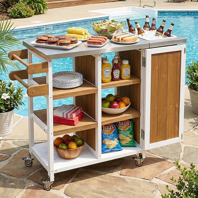 JIJIWANG 33.4" Foldable Outdoor Kitchen Island Patio Kitchen Island Outdoor Kitchen Cart Portable Prep Station with Lockable Wheels, Storage Cabinet and Towel Rack for Patio and Outdoor White+Brown