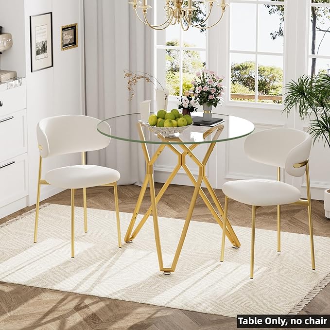 SSLine 35.4" Round Glass Dining Table for 2-4 Modern Circle Glass Tabletop Kitchen Table for 4 Luxury Dinner Tables with Gold Nest Metal Base for Home Kitchen Dining Room(Table Only)