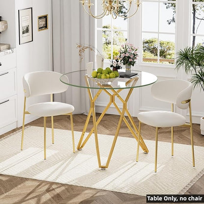 SSLine 35.4" Round Glass Dining Table for 2-4 Modern Circle Glass Tabletop Kitchen Table for 4 Luxury Dinner Tables with Gold Nest Metal Base for Home Kitchen Dining Room(Table Only)