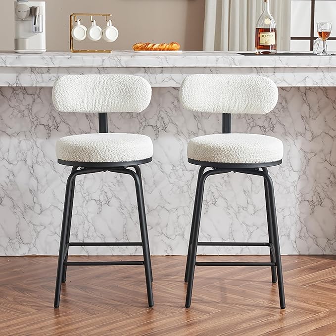 Modern Swivel Bar Stools Set of 2, Upholstered Counter Height Bar Chairs with Metal Legs & Footrest, 360° Swivel Barstools for Kitchen Island, Dining Room,for Living Room